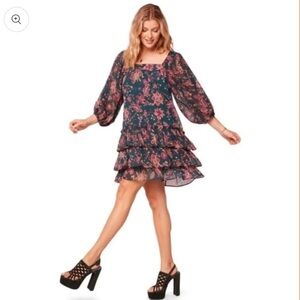 BAND OF THE FREE Mandy Floral Pine Berry Sheer Sleeve Dress Ruffle Hem